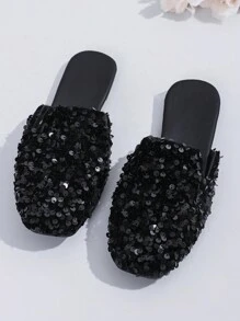 New Fashion Women Flat Slippers With Rhinestones & Sequins - Black - View 5