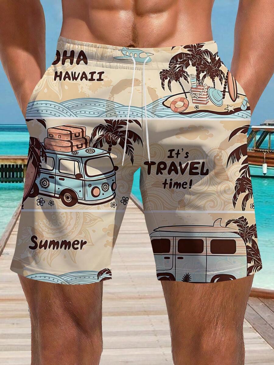 Pantalón de playa hawaiano para hombre con estampado en 3D de coche de turismo y palmeras