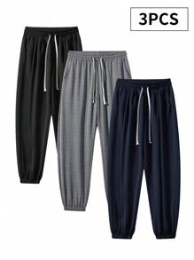 3 件男士加大码休闲慢跑运动裤，纯色宽松抽绳踝长运动裤 - 彩色 - 查看 2