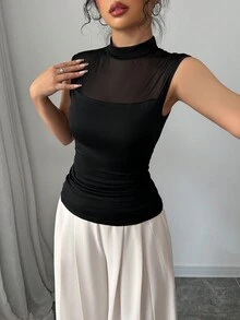 女士网眼拼布立领休闲上衣和裤子套装