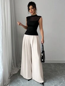 女士网眼拼布立领休闲上衣和裤子套装