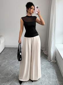 女士网眼拼布立领休闲上衣和裤子套装