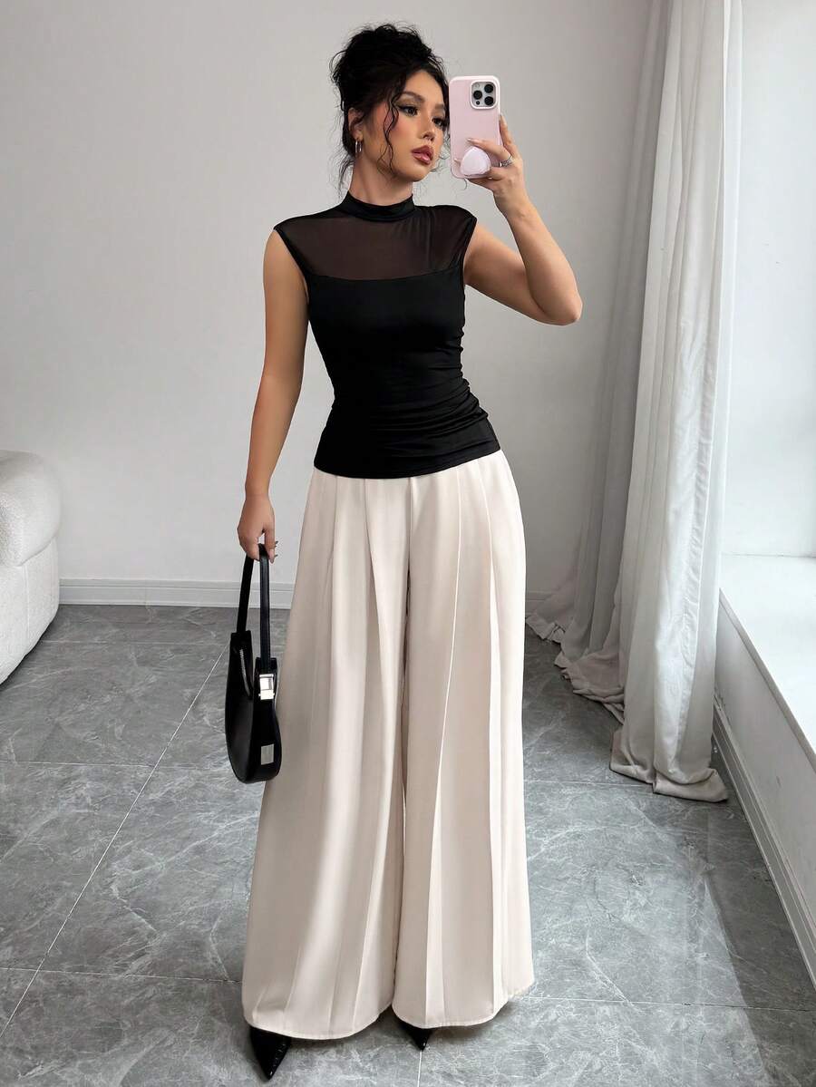 女士网眼拼布立领休闲上衣和裤子套装