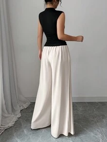 女士网眼拼布立领休闲上衣和裤子套装