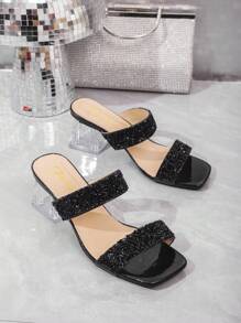 Damskie klapki na grubym obcasie zdobione kryształkami, modne, letnie - Czarne - Zobacz 6