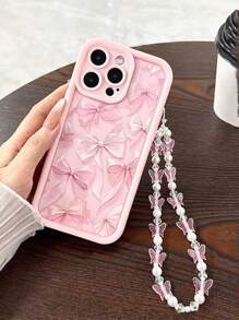 1pc Bow Pattern Phone Case With Beaded Chain, Suitable For IPhone 16, 11, 15, 14, 13, 12 Pro Max, XR, Plus, Christmas Gift, Fashionable Ladies Gift, Stylish Present