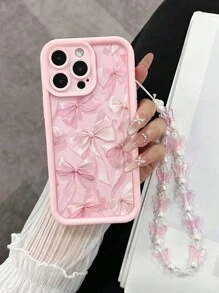 1pc Bow Pattern Phone Case With Beaded Chain, Suitable For IPhone 16, 11, 15, 14, 13, 12 Pro Max, XR, Plus, Christmas Gift, Fashionable Ladies Gift, Stylish Present