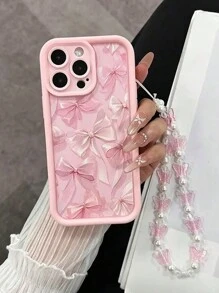 1pc Bow Pattern Phone Case With Beaded Chain, Suitable For IPhone 16, 11, 15, 14, 13, 12 Pro Max, XR, Plus, Christmas Gift, Fashionable Ladies Gift, Stylish Present