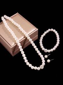 4pcs Faux Pearl Beaded Jewelry Set - White - View 3