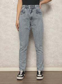 Women's High Waisted Mom Jeans Marbled Thick Fabric Gaven Premium 100% Denim High Waist - 中等水洗藍 - 查看 2