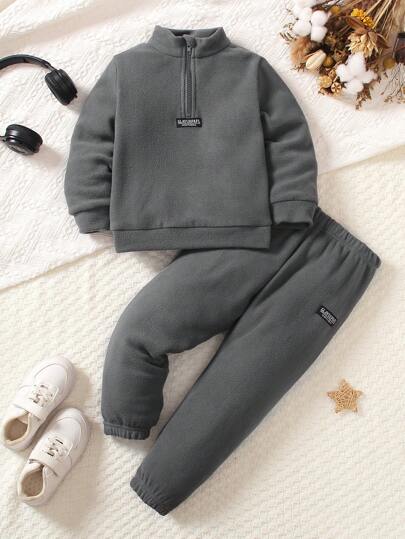 2pcs/Set 2025 New Casual Solid Color Reversible Fleece Zip-Up Collar Long Sleeve Sweatshirt And Pants Set For Young Boy Autumn/Winter