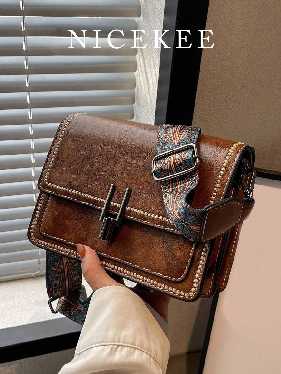 Túi đeo chéo cổ điển, thời trang thu đông, thanh lịch, đa năng, kiểu dáng retro, dây đeo có thể điều chỉnh, túi vuông nhỏ gọn, tối giản, thích hợp cho đi làm, mua sắm, hẹn hò và các sự kiện rodeo. - màu nâu - Xem 1