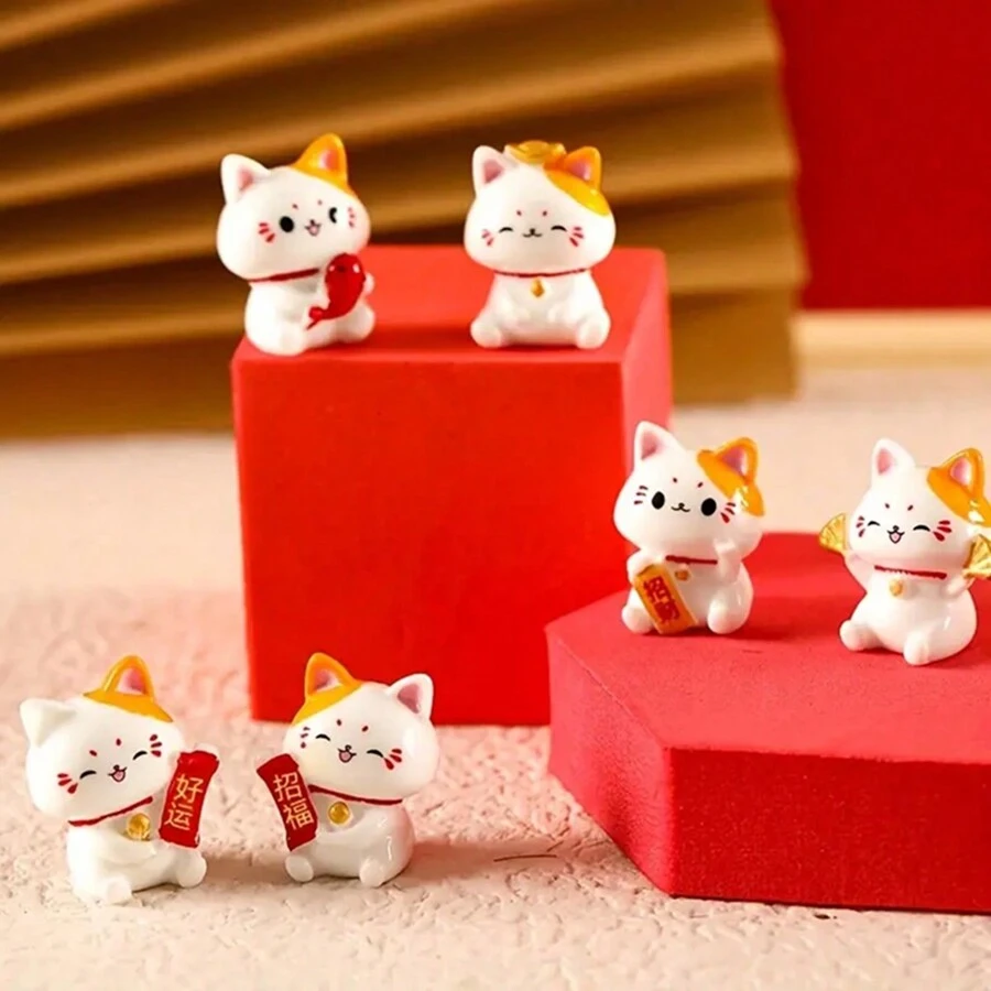 6 món đồ trang trí Maneki-Neko (Mèo may mắn), Đồ trang trí phong cảnh thu nhỏ, Đồ trang trí mèo may mắn bằng nhựa đáng yêu, Quà tặng trang trí nhà cửa cho phòng khách, văn phòng, ngày lễ tình nhân, đồ trang trí tiệc năm mới - Nhiều màu - Xem 1