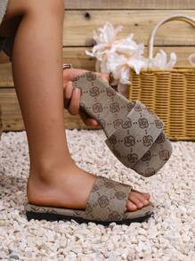 女童户外沙滩绑带花朵人字凉鞋，休闲居家夏季平底淋浴沙滩拖鞋 - 棕色 - 查看 2