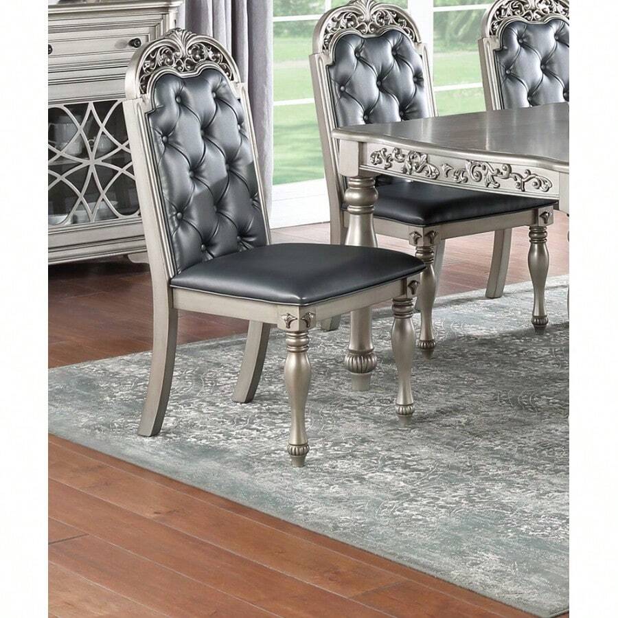 Majestic Formal Set Of 2 Side Chairs Grey / Silver Finish Rubberwood Dining Room Furniture Intricate Design Cushion Upholstered Seat Tufted Back - 彩色 - 查看 1