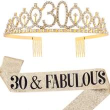 2 件/套黄金岁数 30 岁 40 岁 50 岁 60 岁 70 岁 80 岁 1 件水钻水晶皇冠 +1 件披肩头饰生日周年装饰生日快乐缎带派对用品发带发刷生日女王女士发刷发带，圣诞节