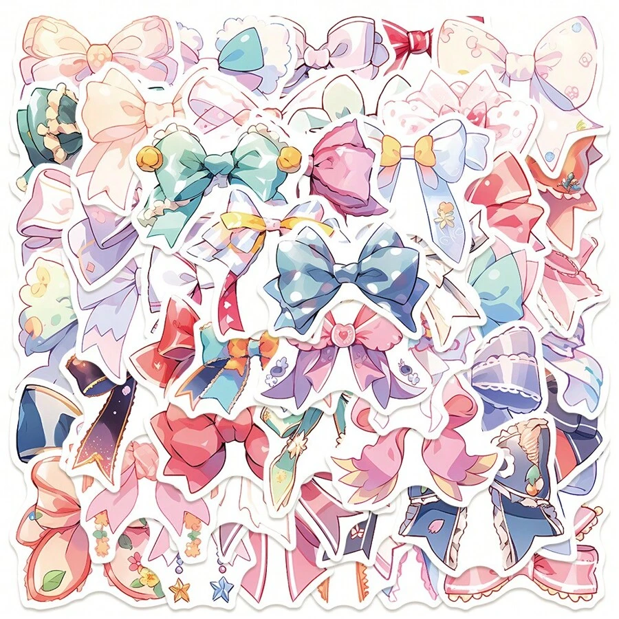 50 piezas de pegatinas de moños lindos, adecuados para decorar cuadernos, laptops, agendas, fundas de teléfono - 50 pegatinas de lazo pequeñas, frescas y lindas PMS201 - Ver 1