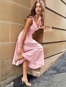 女士纯色圆领无袖纽扣低腰拼布连衣裙 - 粉色 - 查看 6