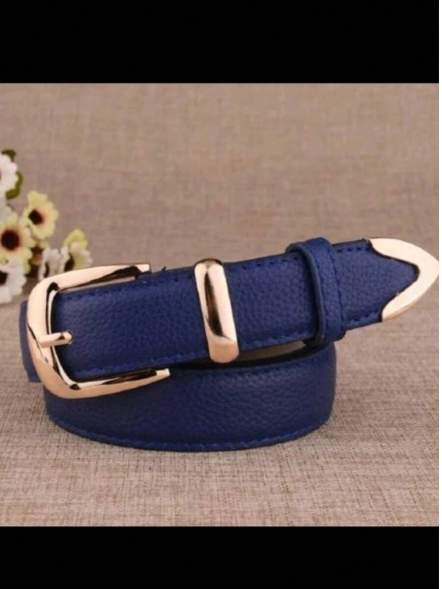 1 Piece 3cm Litchi Embossed Belt, Versatile Style, Metal Buckle For Everyday Use With Leather Lining - xanh đậm - Xem 1