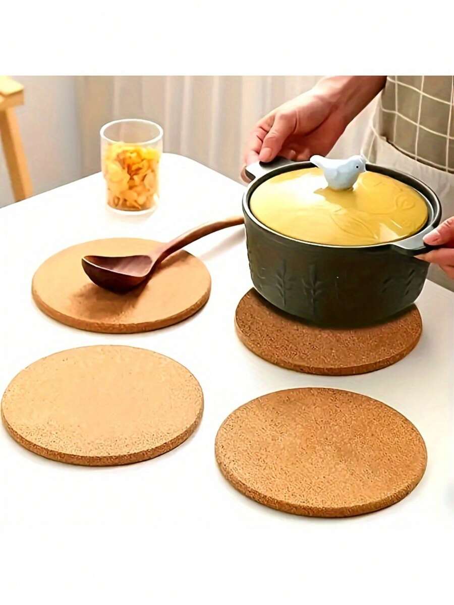 4-Piece Wooden Cork Coaster, 8.5-Inch Heat-Resistant, Suitable For Pots, Dishes And Plants, Kitchen And Dining Table Protection Pads, Home Accessories - Multicolor - View 1
