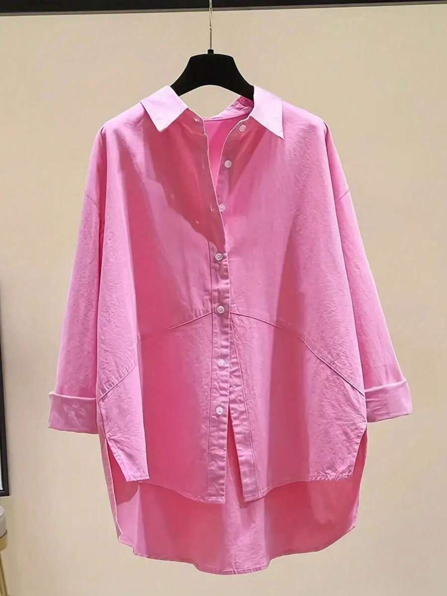Women's Plus Size Solid Color Casual Buttoned Blouse - Hot Pink - View 1