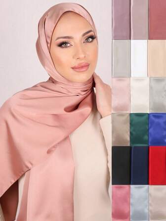1 件女士纯色仿珍珠缎围巾，舒适如丝长披肩，百搭头巾，休闲头巾，真丝质感，适合 Jalabiyas