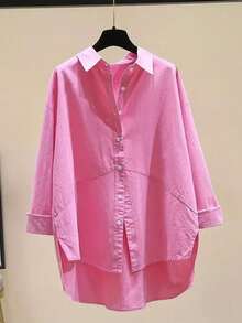 Women's Plus Size Solid Color Casual Buttoned Blouse - Hot Pink - View 3