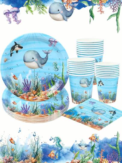 Marine Animal Themed Party Disposable Paper Tableware, Ocean Design 8pcs 7inch&9inch Happy Birthday Disposable Paper Plates, Whale Pattern 8pcs Paper Cups, Underwater Baptism Whale Style 16pcs Napkins Suitable For Under The Sea Theme Party Birthday Holiday Family Activities Event Party Decoration Supplies Set,Christmas
