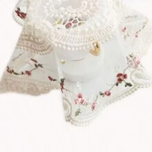 复古法式钩针蕾丝餐垫和杯垫套装，刺绣蕾丝桌布和杯垫适用于玻璃餐桌、梳妆台、婚礼、派对装饰