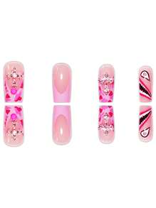 Luxury Sweet Cool High-End Design Cherry Star Heart Flashing Rhinestone Star European And American Wearable Nails European Square Medium False Nails Suitable For Girls And Women Gifts With Jelly Glue And Nail File