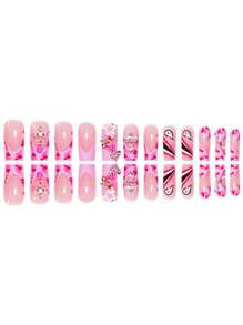 Luxury Sweet Cool High-End Design Cherry Star Heart Flashing Rhinestone Star European And American Wearable Nails European Square Medium False Nails Suitable For Girls And Women Gifts With Jelly Glue And Nail File