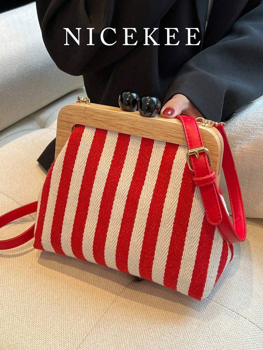 Women's New Fashion Striped Canvas Crossbody Bag With Color Block And Adjustable Shoulder Strap Shell Bag Is Simple And Versatile, Elegant And Stylish Shoulder Bag Suitable For Going Out For Dates, Shopping, Commuting And Work. - Multicolor - View 1