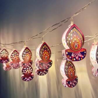 1pc 1.5M/4.92Ft 10LED Warm/Multicolor Festival Colorful Oil Lamp, Kerosene-Style String Lights, Diyas Fairy Light, Ideal For Home, Wall, Room, Indoor, Party, Wedding, Decoration - Powered By Battery Box(WITHOUT BATTERIES)