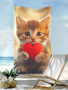 1pc Pet Cat & Heart Printed Beach Blanket, Super Absorbent Microfiber Swimming, Travel, Bath Towel