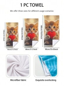 1pc Pet Cat & Heart Printed Beach Blanket, Super Absorbent Microfiber Swimming, Travel, Bath Towel
