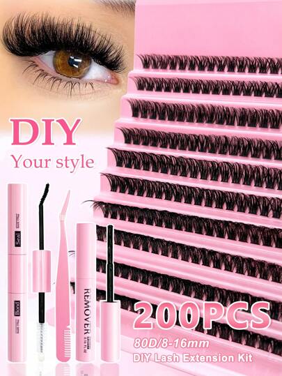 200 件装 戏剧性 C 卷 8-16 毫米混合 DIY 睫毛延长套装 DIY 下睫毛睫毛书大体积柔软单独簇睫毛创造蓬松自然纤细 Y2k 蝴蝶元素粉色底卡外观在家持久 DIY 睫毛胶水、DIY 胶水去除剂、DIY 睫毛镊子（下睫毛+80D）睫毛簇套装、睫毛、睫毛、假睫毛