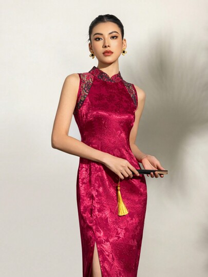 Sleeveless Lace Connect Jacquard Floral Split Thigh New Chinese Style Cheongsam Qipao Dress