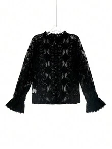 Blouse élégante à patchwork de dentelle florale pour femmes grandes tailles, décontractée pour les vacances - Noir - Voir 2