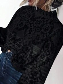 Blouse élégante à patchwork de dentelle florale pour femmes grandes tailles, décontractée pour les vacances - Noir - Voir 1