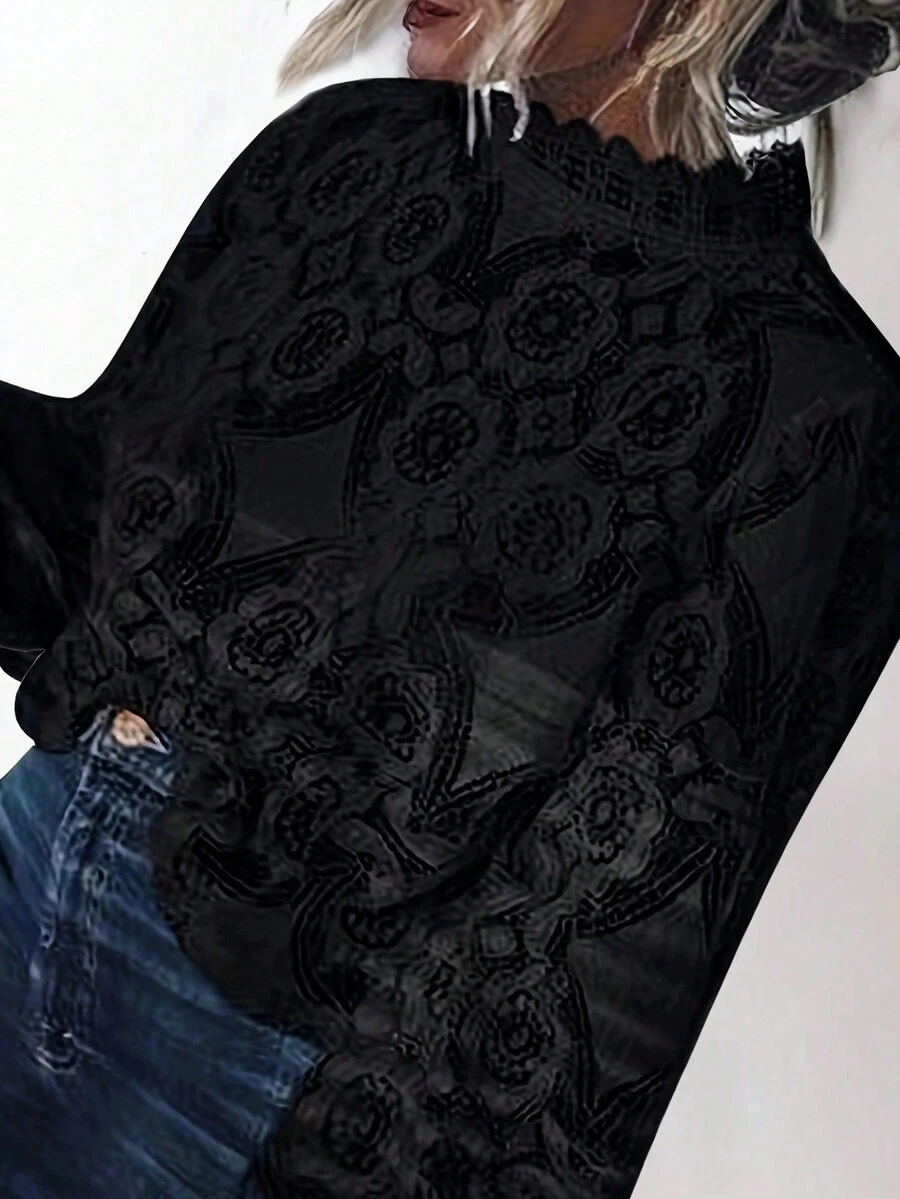 Blouse élégante à patchwork de dentelle florale pour femmes grandes tailles, décontractée pour les vacances - Noir - Voir 1