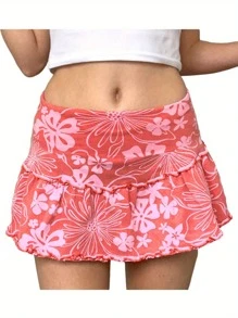 Women's A-Line Mini Skirt, High Waist Floral Print Frill Trim Above Knee Short Skirt - Rosa - Ver 9