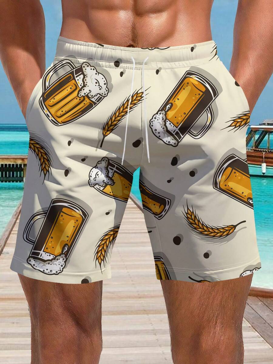 Men's 3D Summer Draft Beer Rice Ear Printed Beach Pants - Multicolor - View 1