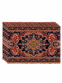 4 Pcs Vintage Bohemian Placemats, Carpet Pattern Printed Table Mats, Dining Room Kitchen Farmhouse Home Decor For Family Holiday Party Wedding - Red Violet - View 5