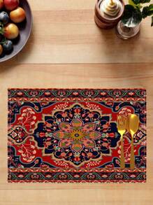 4 Pcs Vintage Bohemian Placemats, Carpet Pattern Printed Table Mats, Dining Room Kitchen Farmhouse Home Decor For Family Holiday Party Wedding - Red Violet - View 3