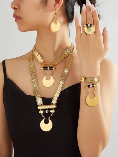 Mgyi Gold-Colored Copper Fashionable And High-End Luxury Retro Jewelry Set For Women,18K Gold Plated Elegant Luxury Square Design Necklace, Earrings,Bracelet, Ring For Women, Suitable For Nigeria, Dubai, Middle East, Saudi Arabia Bridal Wedding, Daily Wear, Wedding Anniversary Gift, Halloween Gift For Friends