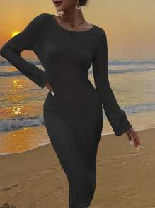 Women's Solid Color Hollow Out Backless Beach Summer Vacation Long Sleeve Bodycon Dress - Black - View 9