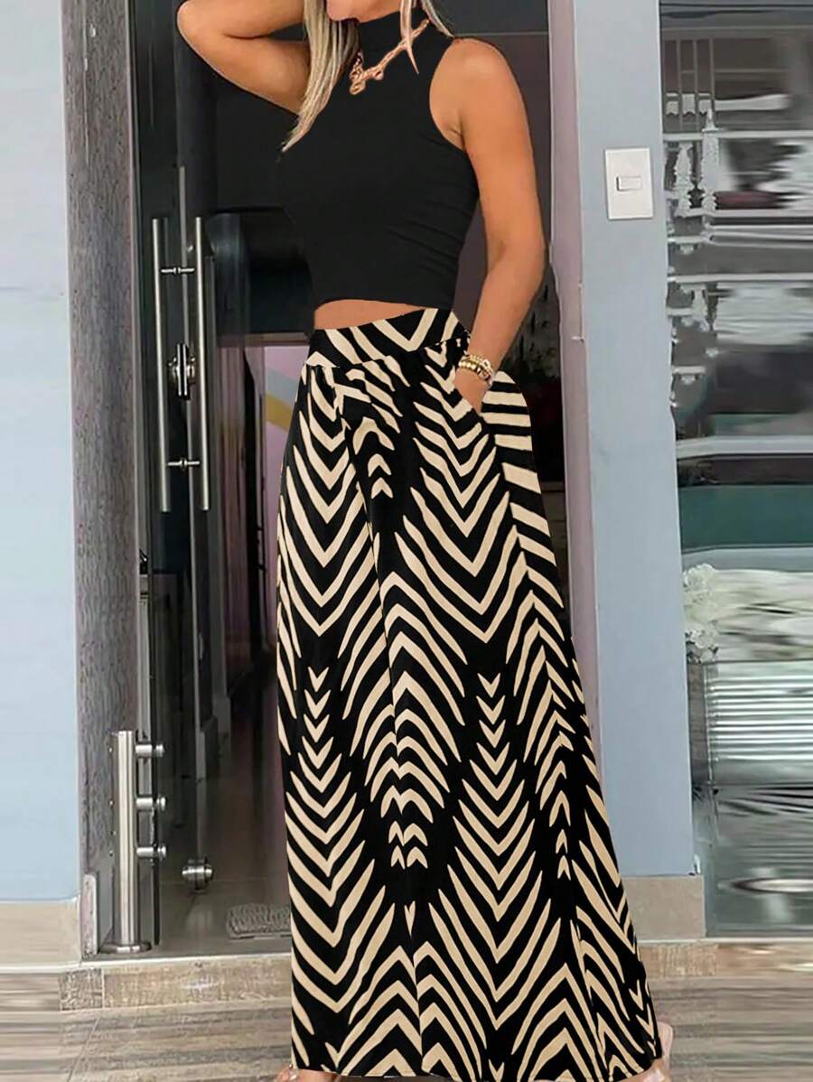 Conjunto de dos piezas con top de punto de cuello semi alto con patrón de onda y pantalones anchos tejidos de estilo casual de vacaciones para mujer - Multicolor - Ver 1