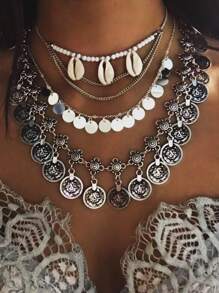 1 件复古硬币和流苏吊坠项链，波西米亚海滩风格，适合女性日常佩戴 - 銀色 - 查看 3