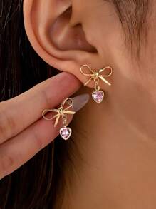 一对金色蝴蝶结心形吊坠耳环，简约粉色立方氧化锆心形水滴耳环，女士情人节蝴蝶心形耳环首饰，女士礼物，情人节礼物（送给妻子、女友、妈妈、母亲），母亲节礼物 - 彩色 - 查看 2