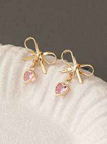 一对金色蝴蝶结心形吊坠耳环，简约粉色立方氧化锆心形水滴耳环，女士情人节蝴蝶心形耳环首饰，女士礼物，情人节礼物（送给妻子、女友、妈妈、母亲），母亲节礼物 - 彩色 - 查看 1